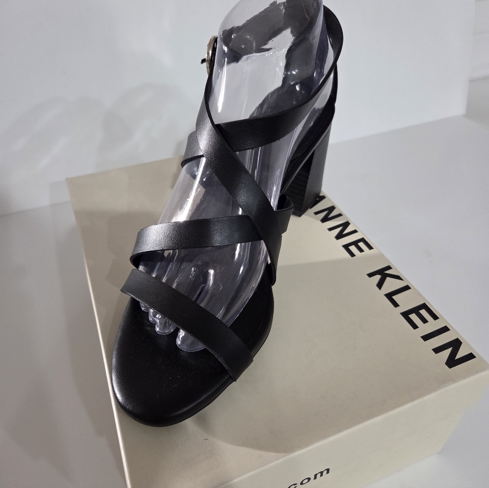 NIB Anne Klein Black Rowen Faux Leather Strappy Heels